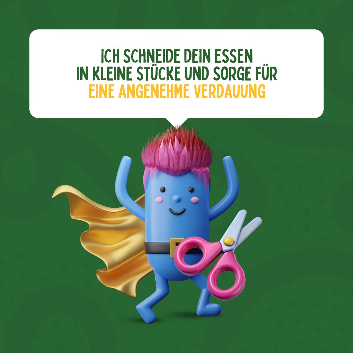 Funky Kraut mit ausgestreckten Armen und einer Schere sagt: Ich zerkleinere dein Essen in winzige Stücke und sorge dafür, dass dein Darm sich wohlfühlt, damit die Verdauung leichtfällt.