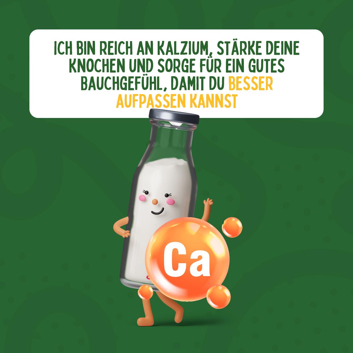 Lady Kefir mit einer Kalziumblase sagt: Ich bin voller Kalzium für starke Knochen – und ich sorge für ein gutes Bauchgefühl, damit du dich besser konzentrieren kannst.