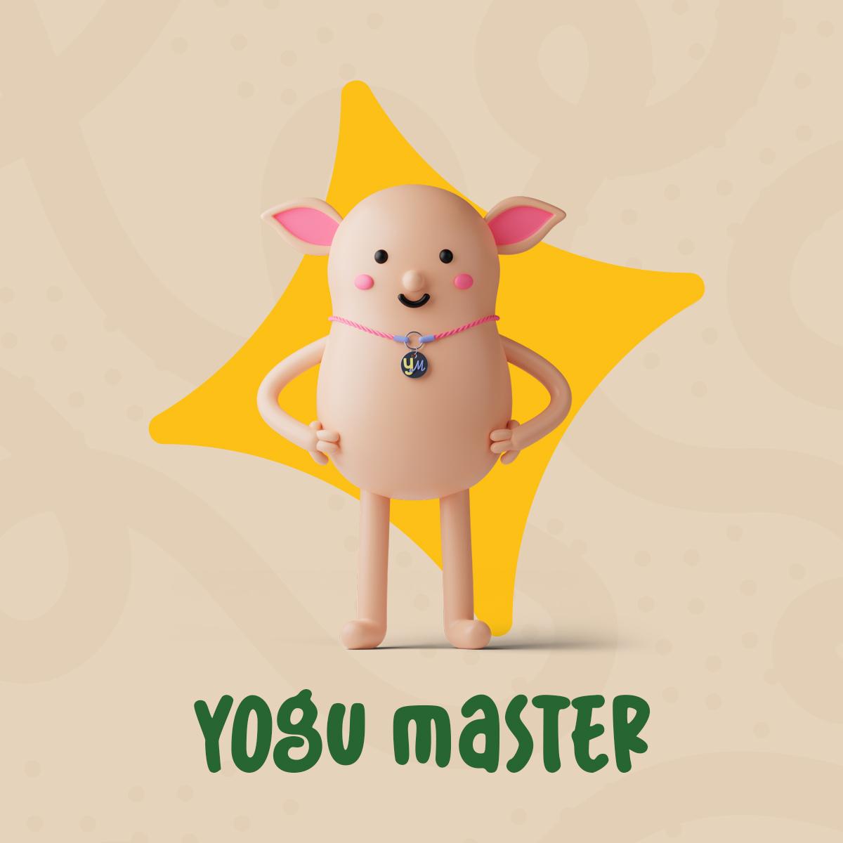 The microbe responsible for the fermentation of yogurt stands with hans in the waist. Under him the name Yogu Master