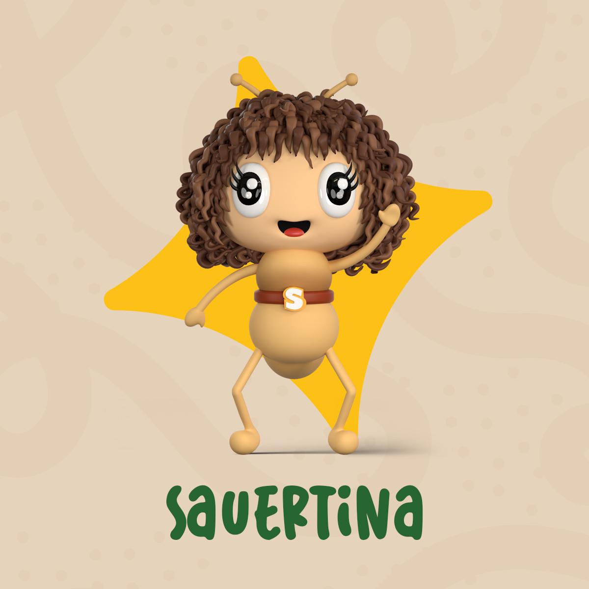 The microbe responsible for the fermentation of flour - stands with a waving hand. Under her the name Sauertina