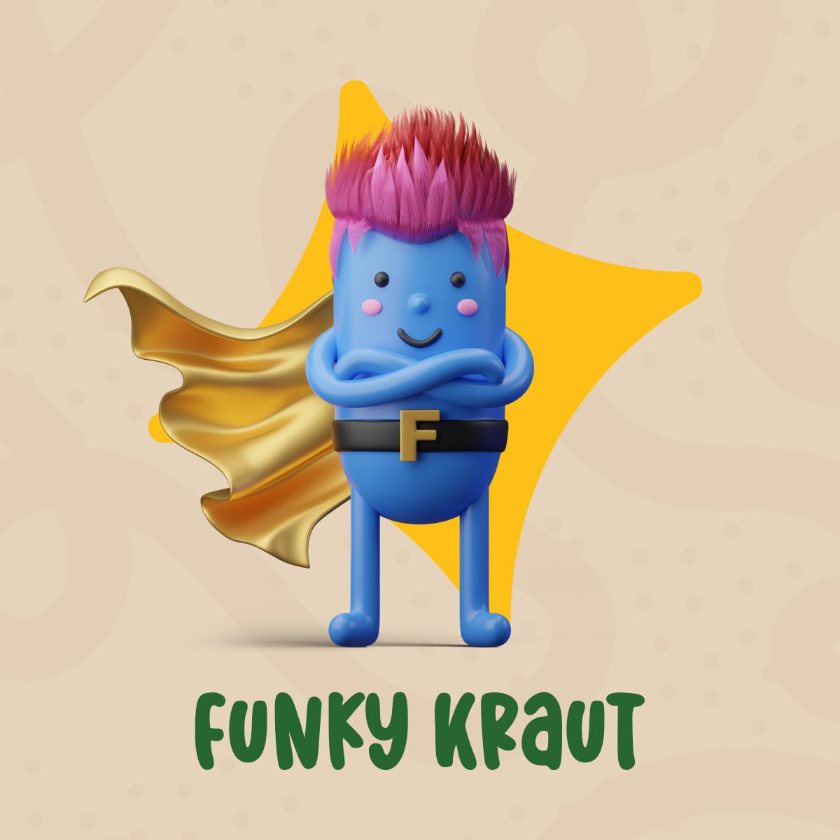 The microbe responsible for the fermentation of cabbage stands with crossed arms. Under him the name Funky Kraut